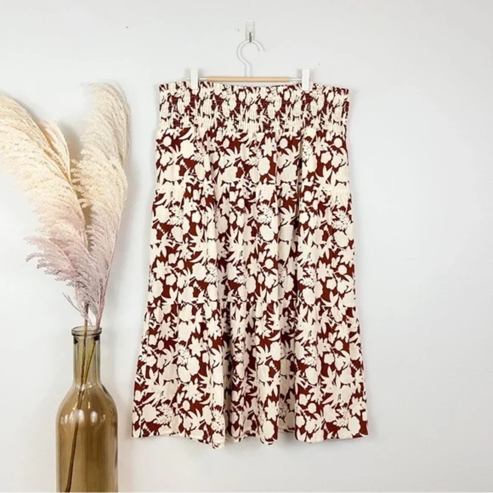 Boho Cottagecore Universal Thread Cotton Floral Tiered Skirt Rust Orange Cream